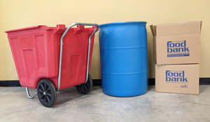 Picture of a rolling bin, a blue barrel, and cardboard boxes
