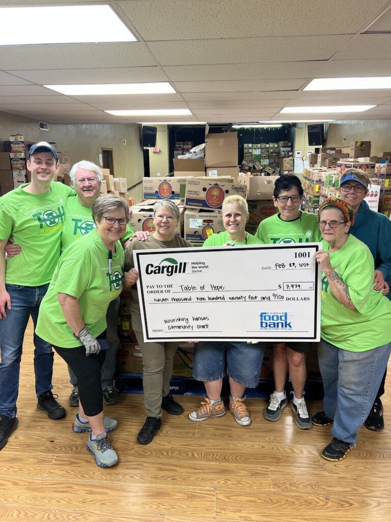 Table of Hope

Location: 156 S Kansas St
Households Served: 1,200
Grant Amount: $7,974 

“Even a tiny spark can light the way. This gift is the spark that feeds the folks at Table of Hope. Thank you, Cargill!”
-Jackie Carter, Executive Director of Table of Hope
