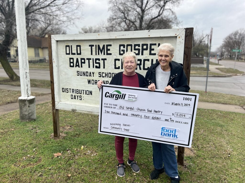Old Time Gospel

Location: 2552 N Jackson
Households Served: 300
Grant Amount: $2,024

“We want to thank Cargill to show appreciation for the grant that we received to help the families in our area here at Old Time Gospel Food Pantry. We here at the food pantry help 150 to 200 families each month. We are very much appreciative of the help we have received from Cargill and from the Kansas Food Bank.”

-Darlene Bromley, Pantry Director

Left to Right: Dixie Carman (Volunteer), Darlene Bromley (Pantry Director)
